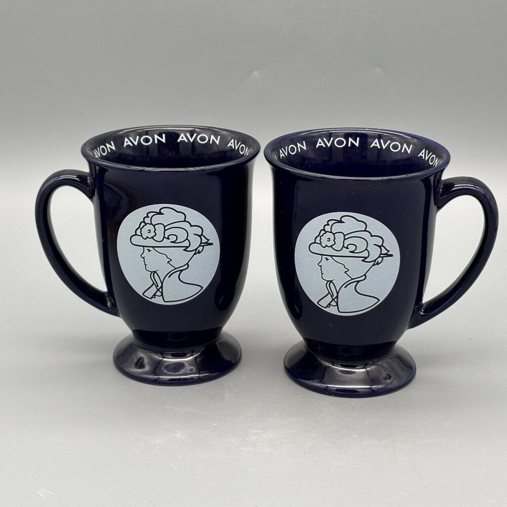 Vintage Avon Cobalt Blue Pedestal Mugs Set of 2 Colonial Lady Logo